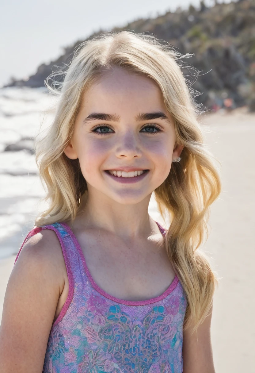 McKenna grace, young girl, blond hair, on a beach smiling at the camera