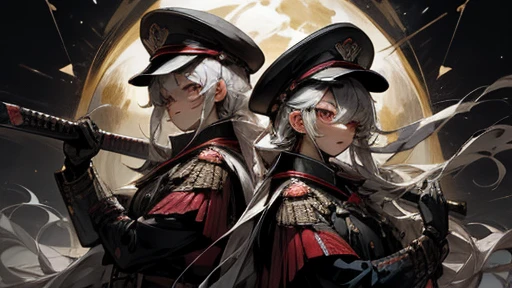 masterpiece,best quality,super detailed,The Killer Twins,same face,perfect face,holding_weapon,Contrasting,dynamic scene,moon,Tanabata,military cap,
