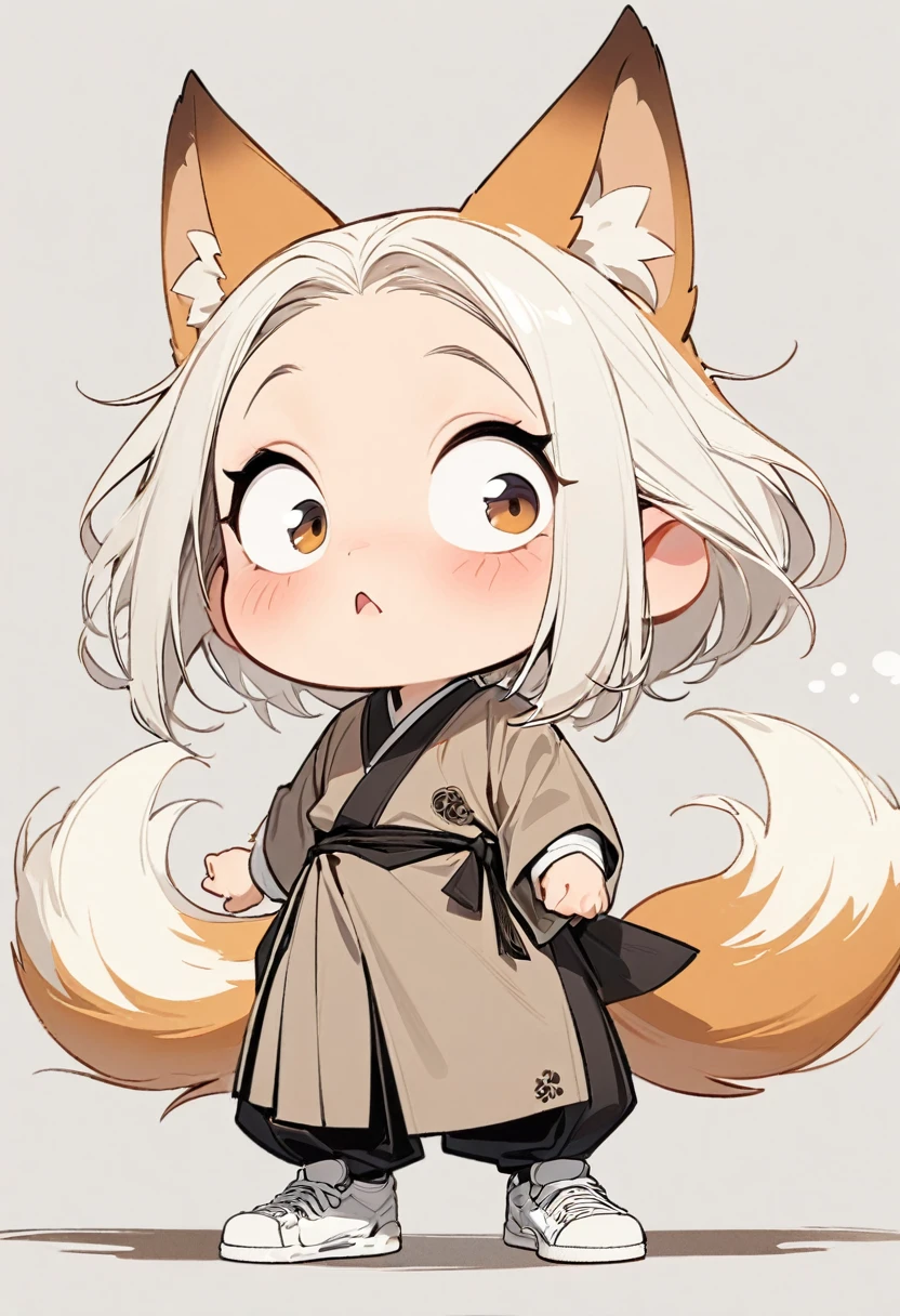(masterpiece, best quality:1.2), Cartoon-like character design。1 man, 1 boy, alone,white hair, big eyes,cute expression,nine tailed fox tail,9 tails, Han bok,white sneakers,stand,Exciting,Exciting,clean lines