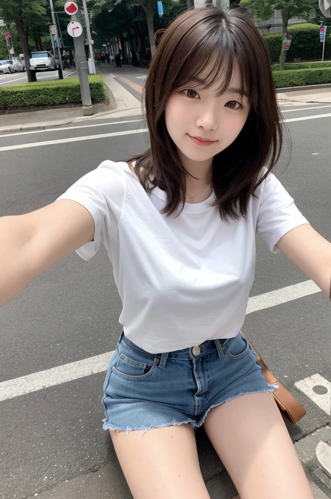 selfie, same girl, in shibuya park, ,18 years,hits,a small smile,Thighs,knees,medium hair with strands, chestnut ,From above, Front light, taken with both hands and eyes closed, Casual.