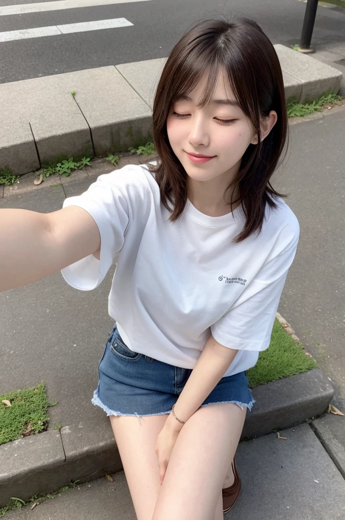 selfie, same girl, in shibuya park, ,18 years,hits,a small smile,Thighs,knees,medium hair with strands, chestnut ,From above, Front light, taken with both hands and eyes closed, Casual.