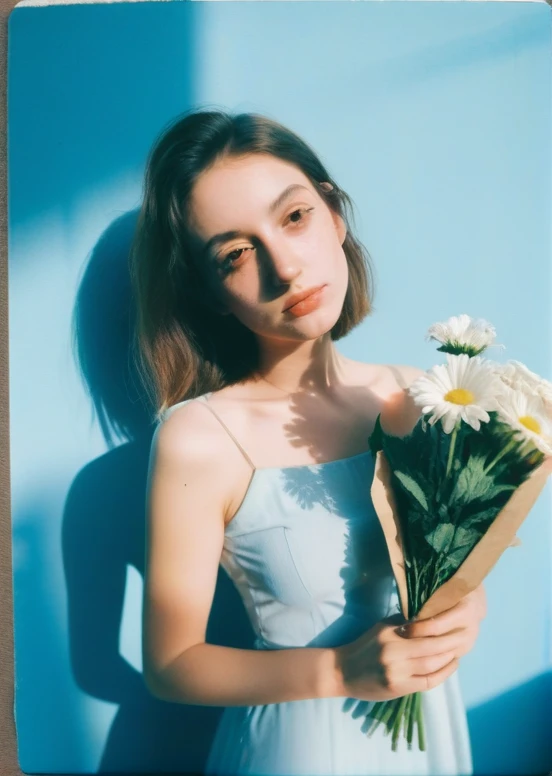 artistic portrait woman, Clean girl aesthetic, holding flower bouquet, powder blue wall background, long shadows, cinematic, (beautiful detailed face:1.4), creative, (shadow detailed:1.2), (highly detailed:1.4), vibrant light, polaroid, cute, ultrarealistic, (beautiful and aesthetic:1.4), masterpiece, (fisheye:1.6)