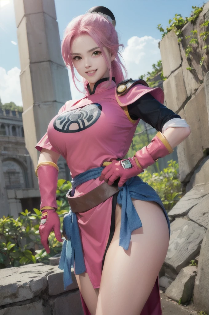 ((masterpiece, best quality:1.1), maam, dragon quest, 1girl, solo, big breasts, fingerless gloves, pink gloves, fingerless gloves, pink gloves, chinese clothes, red dress, ribbon, long pink hair, yellow eyes, Big Breasts:1.6, parted bang, bun cover, smile, hand on hip, coliseum