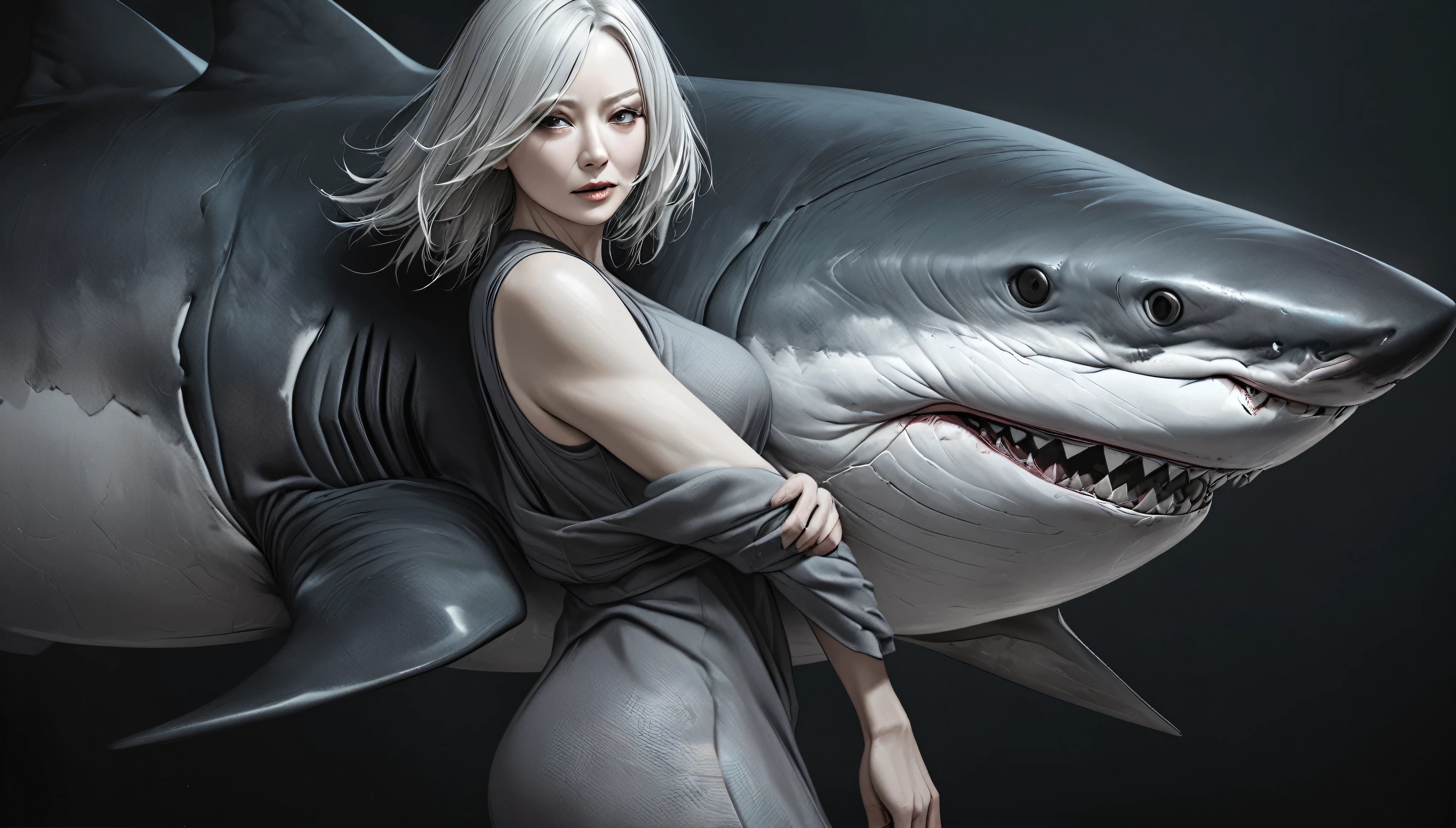 A surreal shark with the body lines of a mature woman, A powerful and aesthetically pleasing shark mouth, BREAK Absurd smoothness, Subtle unevenness invisible to the naked eye creates a matte finish, Realistic and detailed shark skin, High contrast shark color scale applied