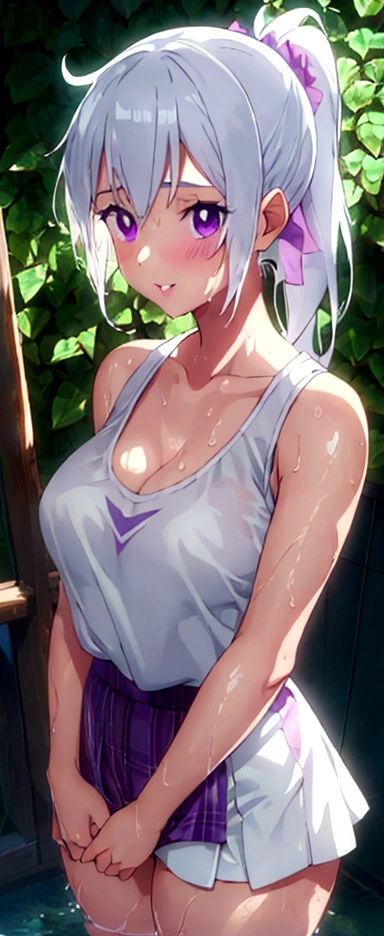 realistic, 1girl, ponytail, parted lips, blush, makeup, light smile, white hair, sportswear, skirt, wet clothes, glow, thighs, purple eye, bare shoulders, collarbone, narrow waist, sunbeam, sunlight, rose, wind, cleavage, (masterpiece), sweat,