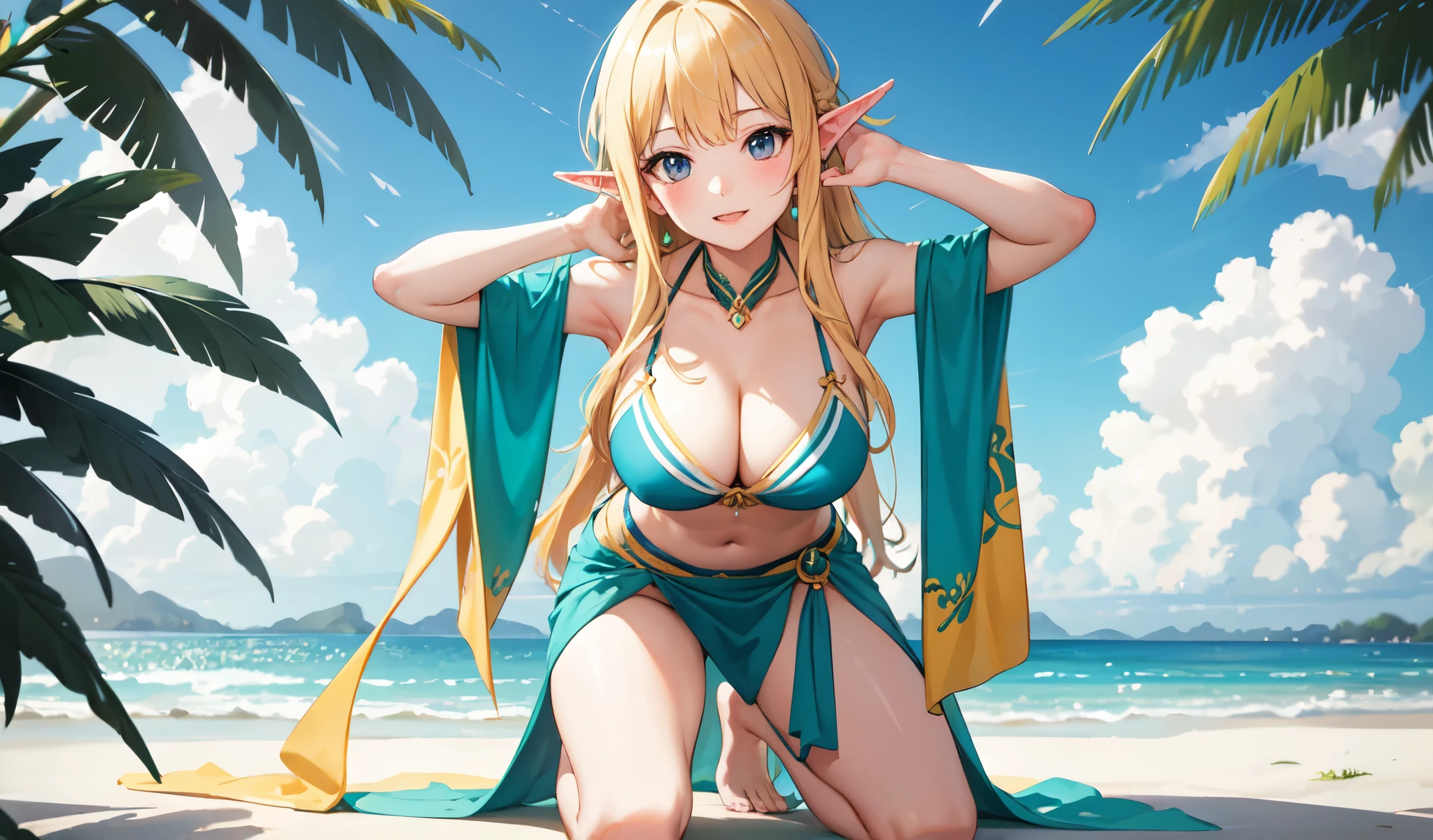 ((Highest quality)), ((masterpiece)), (detailed), A cute elf girl, Beach,Kneeling pose,Sarong pass,Seductive pose,Showcasing cleavage