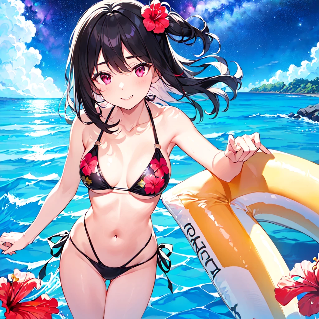 masterpiece, best quality, high quality, extremely detailed, very delicate and beautiful, (18-year-old 1female, solo: 1.5), (long black hair, two-side up, down to the waist: 1.5), bangs down to the eyebrows, eyes with a sharp, strong, glossy, slanted gaze, glossy eyebrows, (magenta eye color: 1.3), 6.5 heads and bodies, (hibiscus print bikini swimsuit: 1.3), (standing and playing in the ocean), (smile), (dynamic pose), (tropical ocean in the background: 1.3), (Milky Way Night Sky: 1.3)