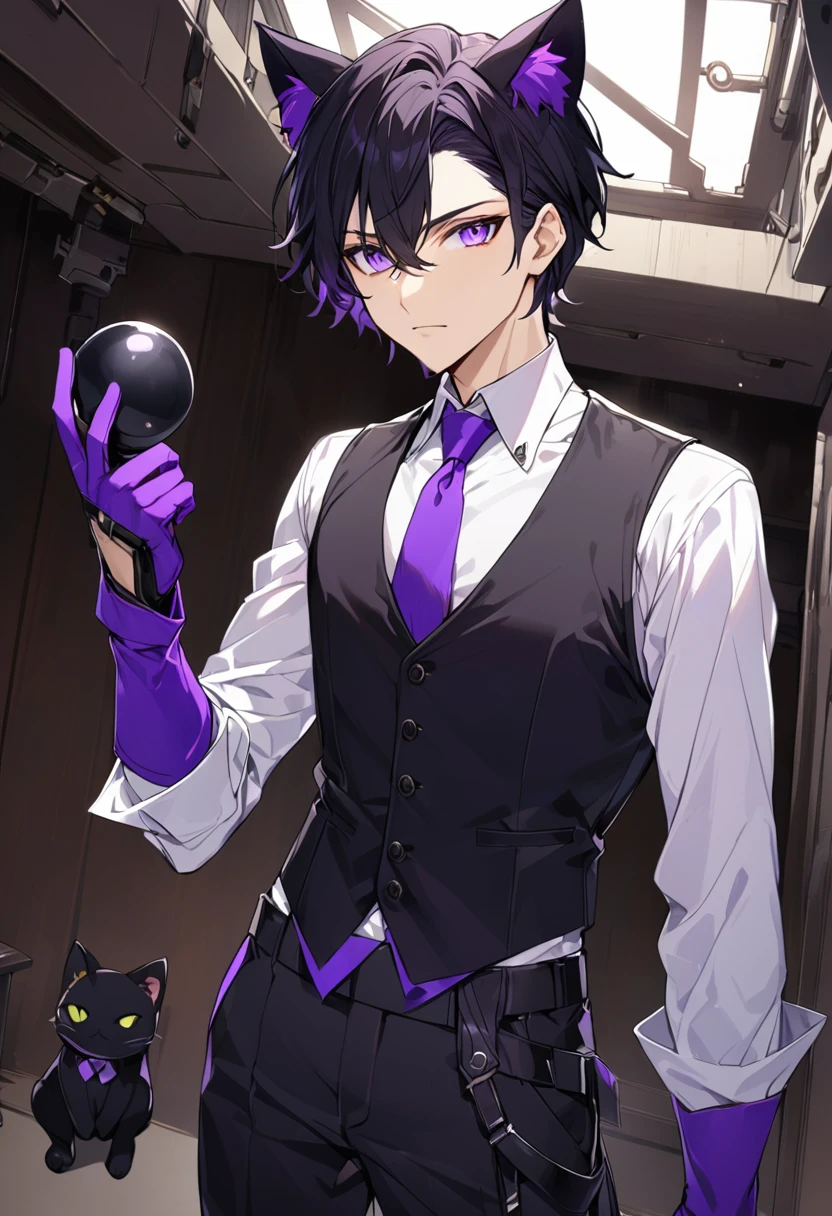 1man, short black hair, black cat ears, bright purple eyes, wearing a black vest, wearing a white undershirt, wearing a purple tie, wearing black pants, wearing purple gloves