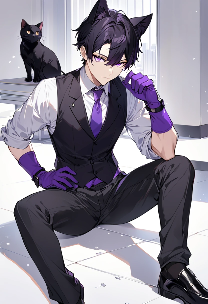 1man, short black hair, black cat ears, bright purple eyes, wearing a black vest, wearing a white undershirt, wearing a purple tie, wearing black pants, wearing purple gloves