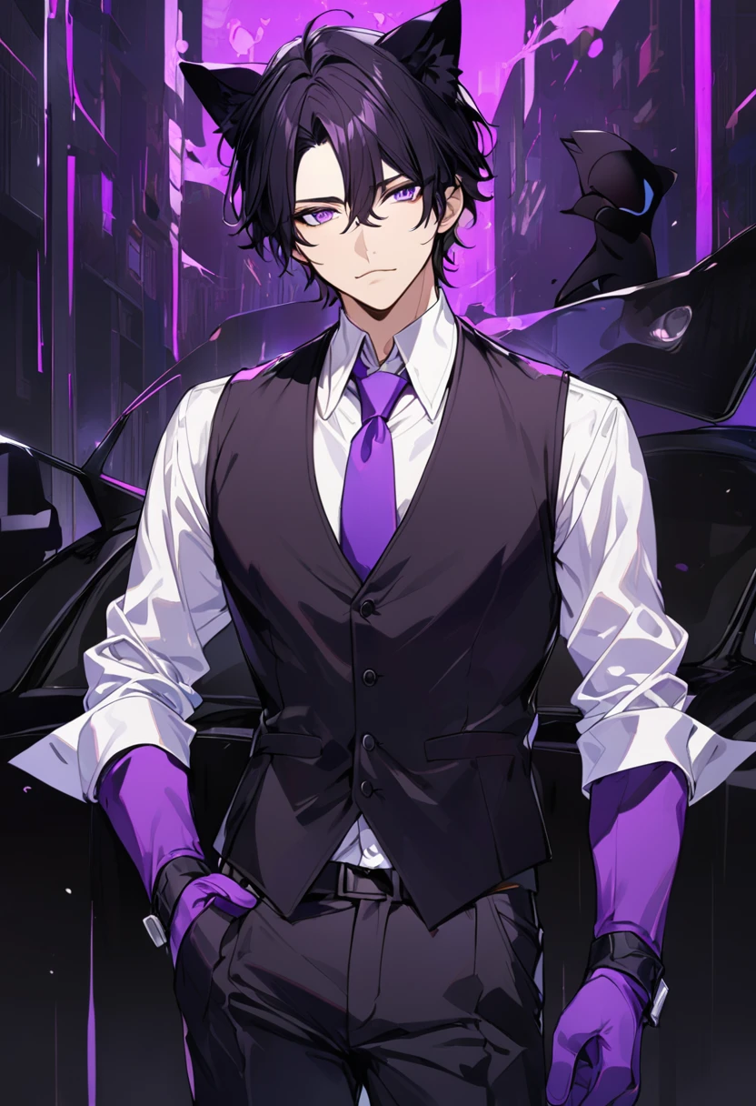 1man, short black hair, black cat ears, bright purple eyes, wearing a black vest, wearing a white undershirt, wearing a purple tie, wearing black pants, wearing purple gloves