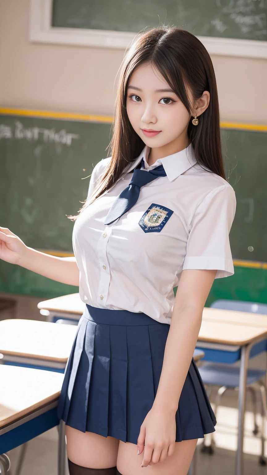 Blue-eyed young woman, 18-year-old, Her large breasts are highlighted under her school shirt, School Ties, Sexy uniform with very short mini skirt(Cheeky mini skirt) A white thong peeks out from under her miniskirt, White thigh-high socks, Earrings, impact, School classroom background, Sexy Legs, A white thong peeks out from under her miniskirt