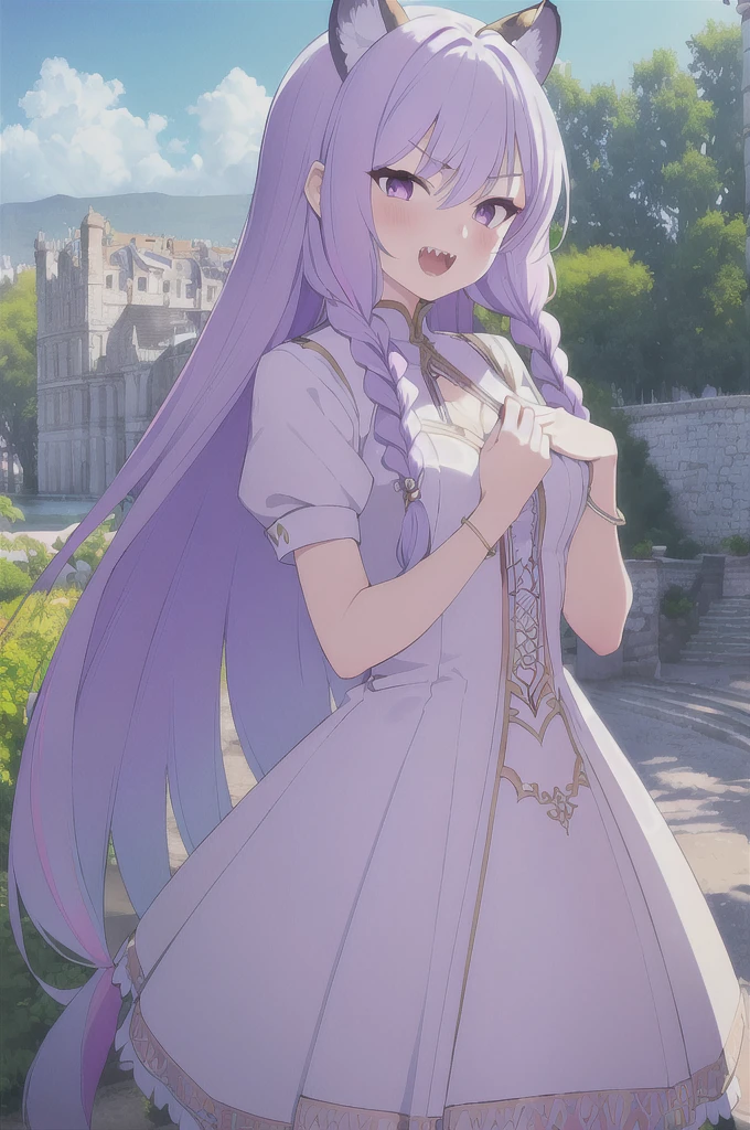 ((masterpiece)), (best quality), (ultra-detailed), photorealistic, (best illustration), ((an extremely delicate and beautiful)), 1girl, solo, long hair, tiger ears, [:tiger tail under:0.2], lilac hair, two-tone hair, full body art, (purple armor:1), multicolored dress, cross-laced, standing, evil purple eyes, sharp teeth, angry, in Fury, showing teeth, want to bite viewer, open mouth, White shirt, short sleeves, detailed scenery, blue sky, horizon, low twin braids, twin braids, hair ornament, bracelet, (hand on own chest:0.9), blush. 