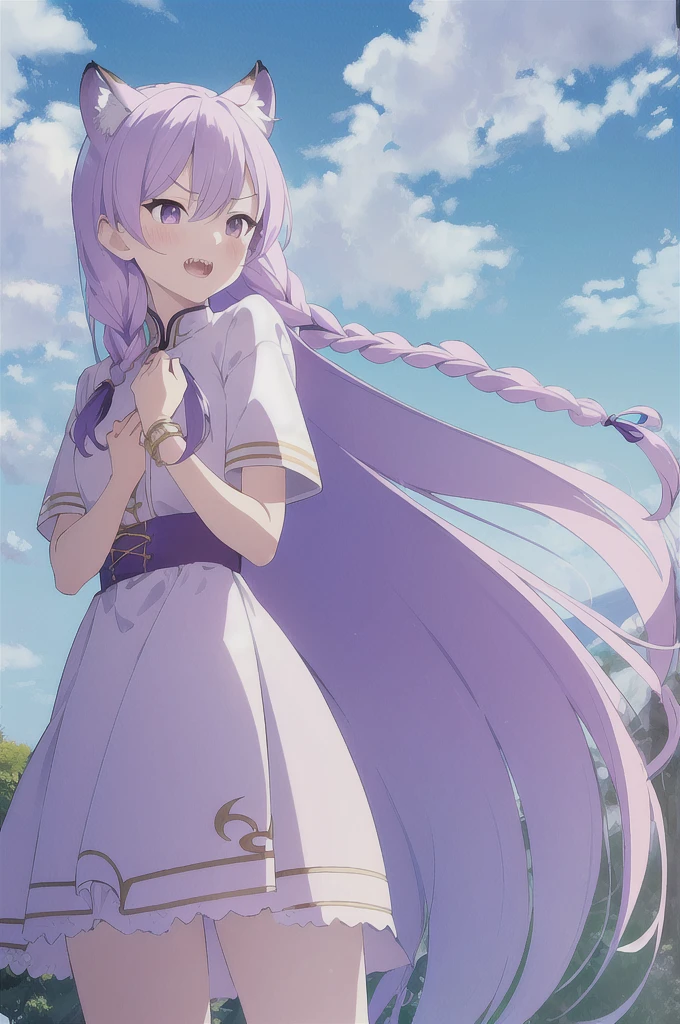 ((masterpiece)), (best quality), (ultra-detailed), photorealistic, (best illustration), ((an extremely delicate and beautiful)), 1girl, solo, long hair, tiger ears, [:tiger tail under:0.2], lilac hair, two-tone hair, full body art, (purple armor:1), multicolored dress, cross-laced, standing, evil purple eyes, sharp teeth, angry, in Fury, showing teeth, want to bite viewer, open mouth, White shirt, short sleeves, detailed scenery, blue sky, horizon, low twin braids, twin braids, hair ornament, bracelet, (hand on own chest:0.9), blush. 