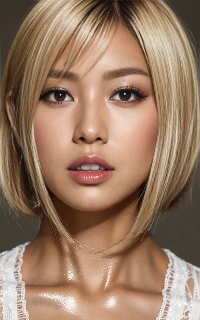 gyaru, dark-skinned, (shiny oiled skin:1.1), blond hair, short cut hair, face close up