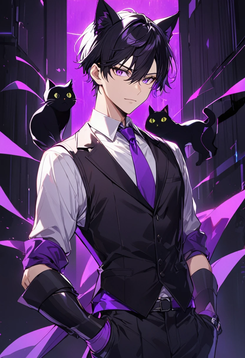 1man, short black hair, black cat ears, bright purple eyes, wearing a black vest, wearing a white undershirt, wearing a purple tie, wearing black pants, wearing purple gloves