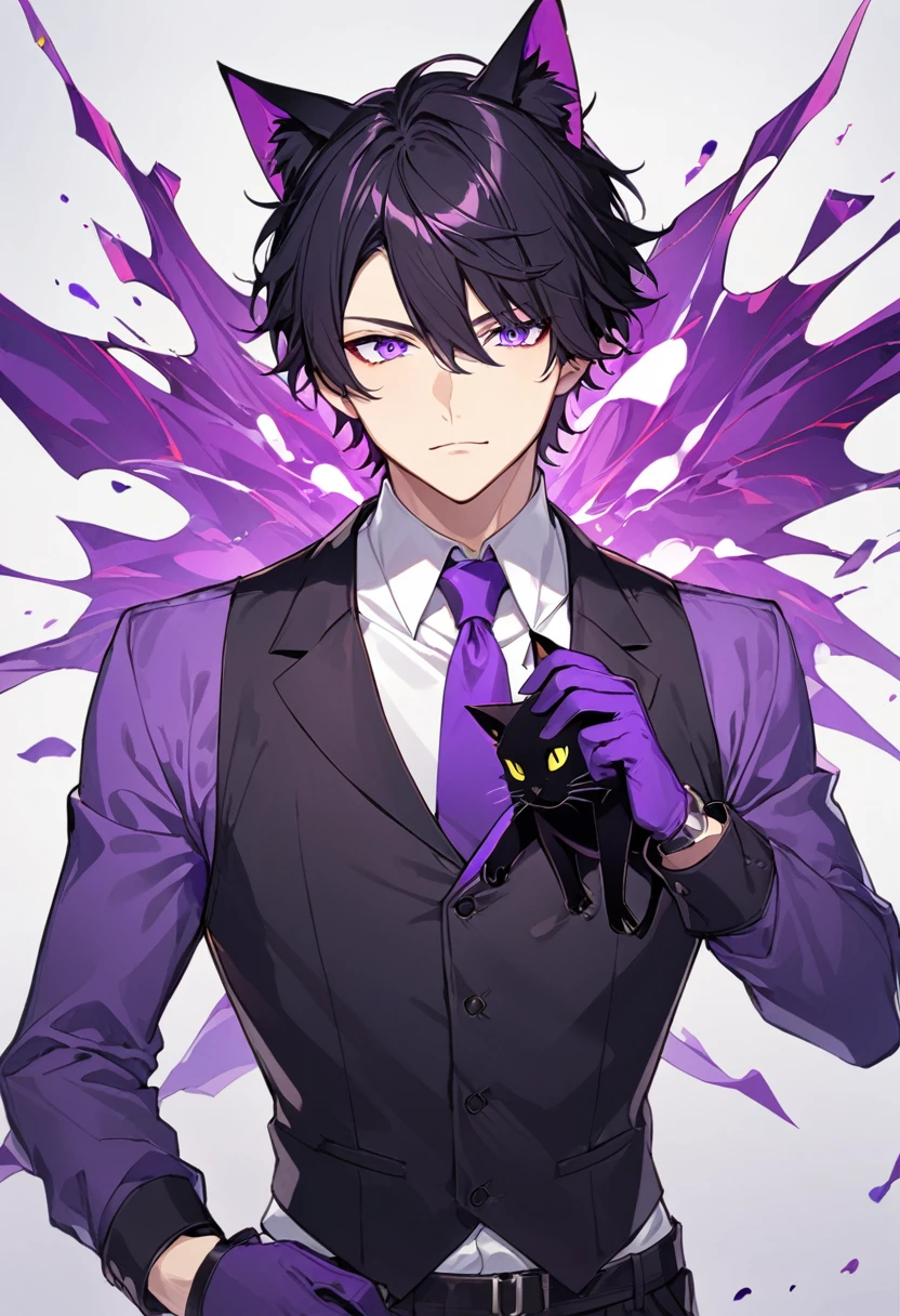 1man, short black hair, black cat ears, bright purple eyes, wearing a black vest, wearing a white undershirt, wearing a purple tie, wearing black pants, wearing purple gloves