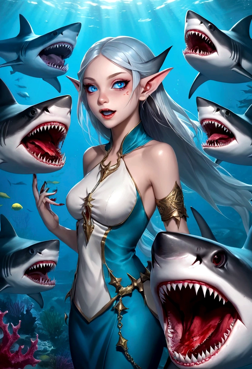 Fantasy Undersea,Shark Elf Girl,blue eyes,Sharp Fangs,Shark fin feature on back,look back,Blood stains at the corners of mouth,Sharp claws,