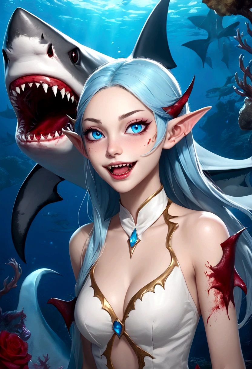 Fantasy Undersea,Shark Elf Girl,blue eyes,Sharp Fangs,Shark fin feature on back,look back,Blood stains at the corners of mouth,Sharp claws,