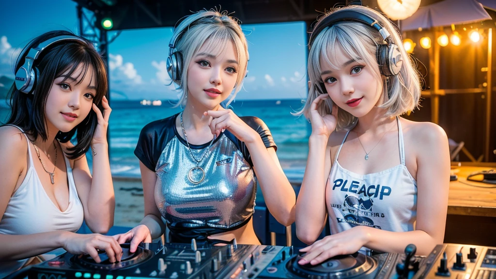 (ultra - detailed, 16K resolution, Cinema lenses, rendering by octane), (high resolution:1.18), intricate detail, (masterpiece:1.1), (highest quality:1.1), (1girl, portrait, white hair, blue eyes, short hair, detailed eyes),Wearing silver DJ headphones, Shiny silver sequined T-shirt, (in the beach:1.5), (Iconic hip-hop pop costumes:1.3), Smile while DJing on stage, ((A stylish DJ stage on a hill overlooking the beach)), full body shot, Photorealistic photography by Sunshine, (cute round face:1.3), perfect fingers, five fingers, beautiful hands, perfect hands. master peace, cute smile.