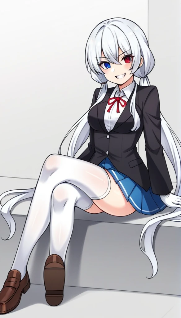 1girl, source_anime, white queen, white queen, solo, long hair, medium breasts, looking at viewer, smile, blue eyes, skirt, shirt, red eyes, thighhighs, gloves, long sleeves, ribbon, twintails, sitting, very long hair, , black jacket, white shirt, white hair, pleated skirt, shoes, white gloves, grin, white thighhighs, red ribbon, blue skirt, neck ribbon, low twintails, heterochromia, brown footwear, crossed legs, loafers,
