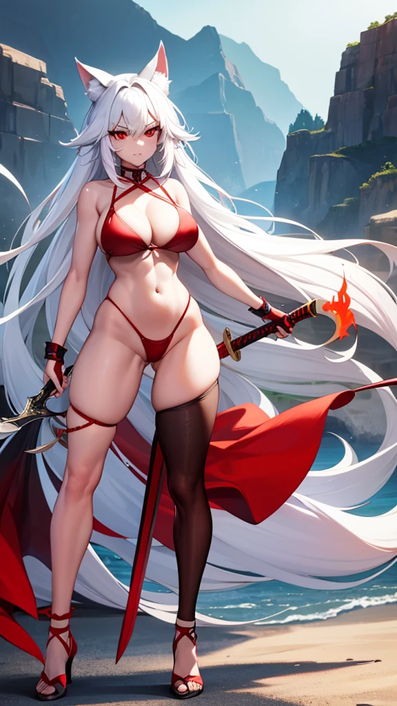 An adult woman, half fox and wolf, white hair, red eyes, wide breasts, very angry, standing, in a bikini, holding a sword