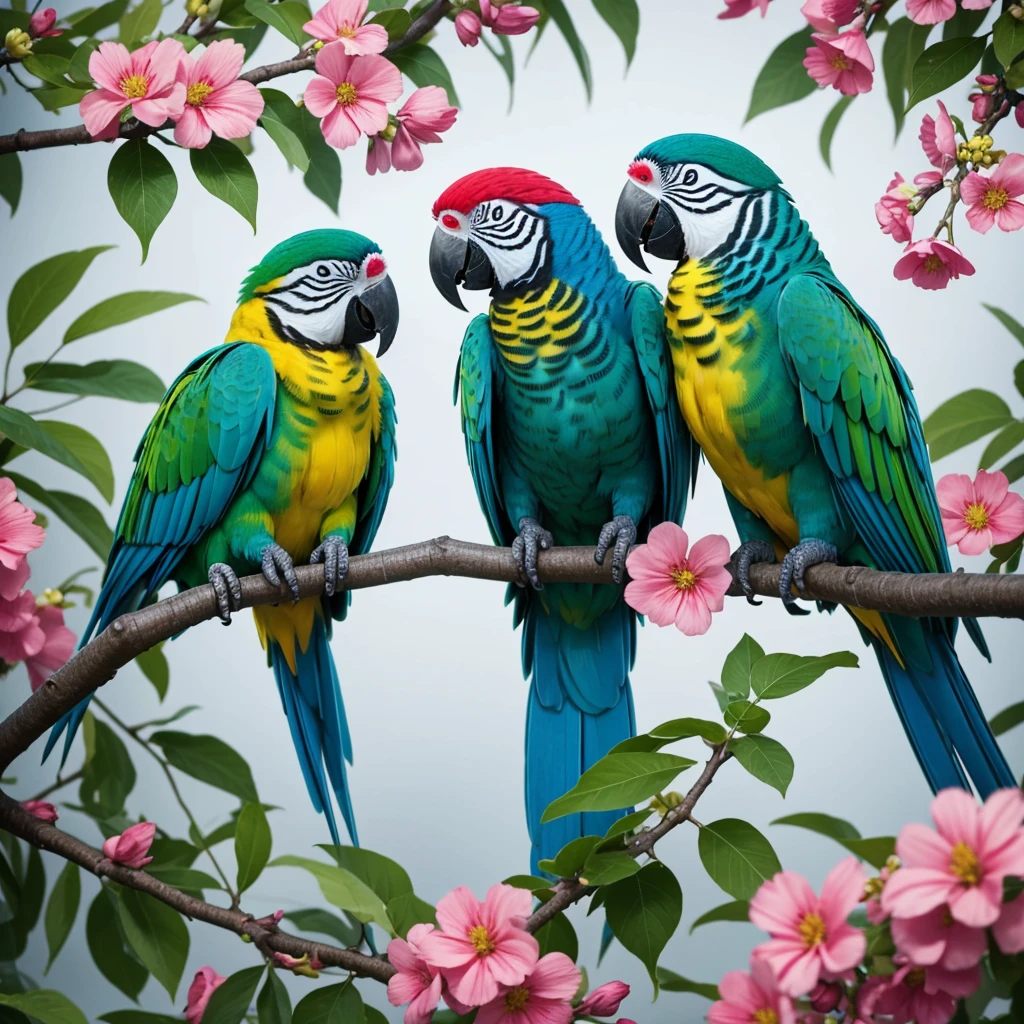 Parrot couple, colorful colors, on branch, Background flowers