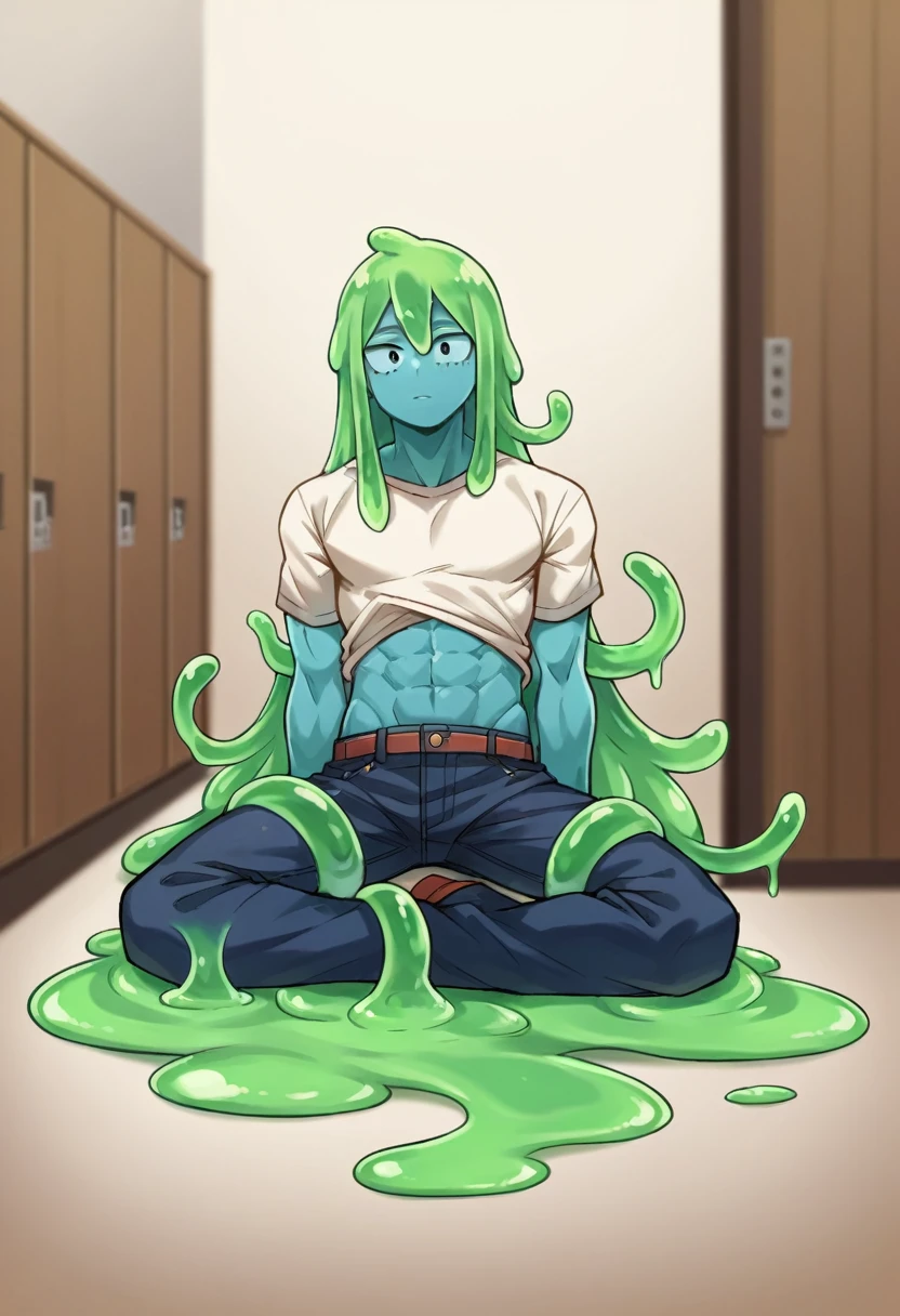 score_9, score_8_up, score_7_up, score_6_up, score_5_up, score_4_up, source_anime, 1Boy, slime Boy, Blue skin, Soft fashion, Long hair with green tips, tentacles, slime tentacles, slime boy, solo, slimegirlsfw, slime boy, sweater crop top, jeans, slimeboy, my hero academia, tentacles, school, depth of field, LUT, Sitting down, Dorm room,  detailed, handsome, cute slime boy. My hero academia school, Tentacle tail, Full body shot, , muscular. 