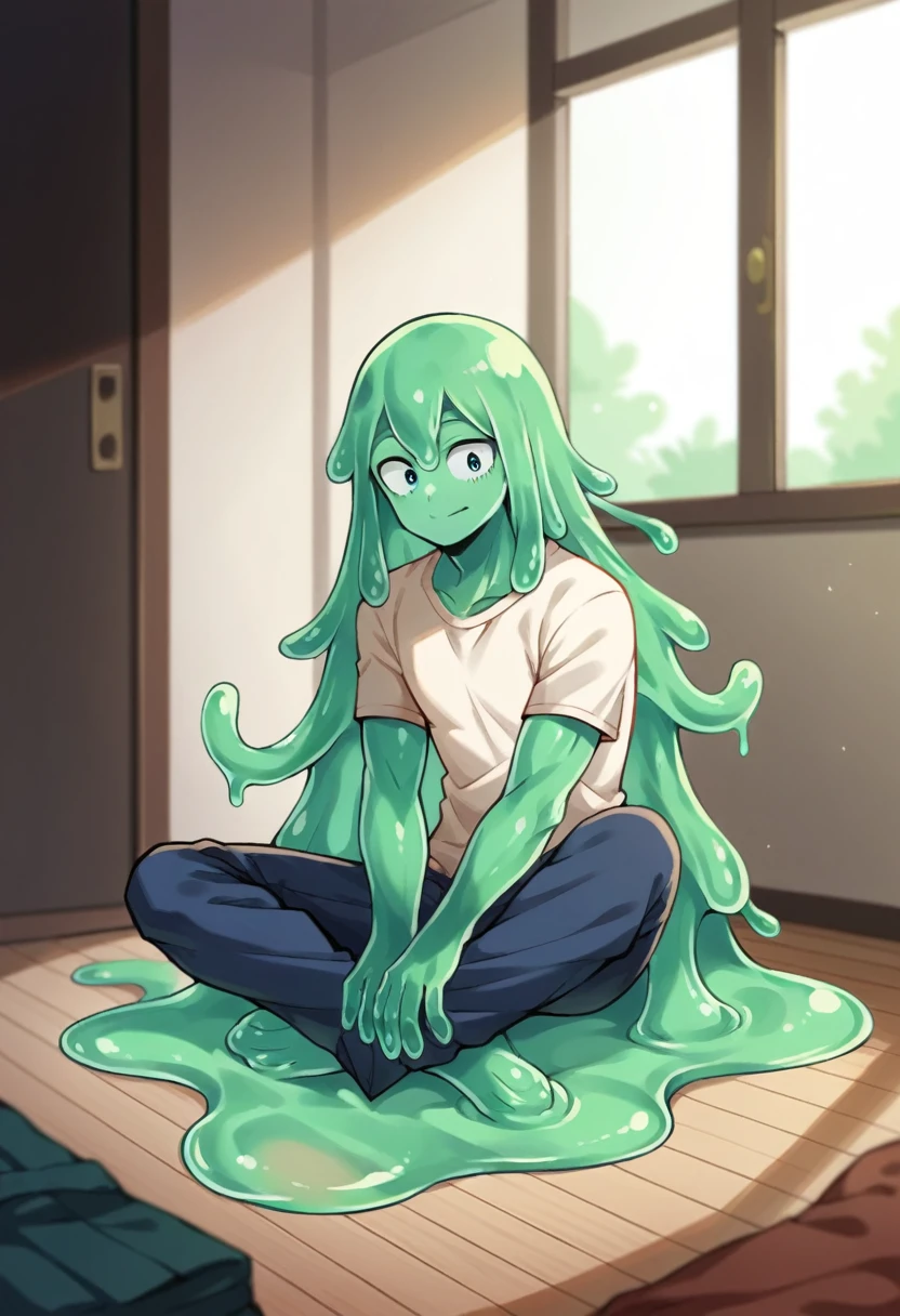 score_9, score_8_up, score_7_up, score_6_up, score_5_up, score_4_up, source_anime, 1Boy, slime Boy, Blue skin, Soft fashion, Long hair with green tips, tentacles, slime tentacles, slime boy, solo, slimegirlsfw, slime boy, sweater crop top, jeans, slimeboy, my hero academia, tentacles, school, depth of field, LUT, Sitting down, Dorm room,  detailed, handsome, cute slime boy. My hero academia school, Tentacle tail, Full body shot, , muscular. 