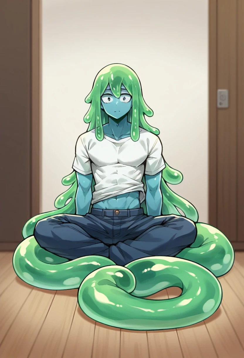 score_9, score_8_up, score_7_up, score_6_up, score_5_up, score_4_up, source_anime, 1Boy, slime Boy, Blue skin, Soft fashion, Long hair with green tips, tentacles, slime tentacles, slime boy, solo, slimegirlsfw, slime boy, sweater crop top, jeans, slimeboy, my hero academia, tentacles, school, depth of field, LUT, Sitting down, Dorm room,  detailed, handsome, cute slime boy. My hero academia school, Tentacle tail, Full body shot, , muscular. 