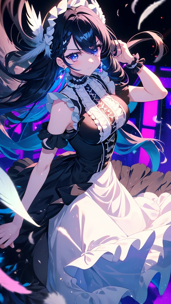 best quality, extremely detailed, anime style adult 1girl, long hair down to the waist, straight hair, ((dark black hair with bluish)),crown braid,beautiful detailed eyes, pinched eyes, dark blue eyes, huge breasts,curvy,(((white main black cyberpunk and magical frill dress))),longskirt,((feather accessory)),magical girl,light smile,((amusement park)),animation cap,animated gif,in precure style