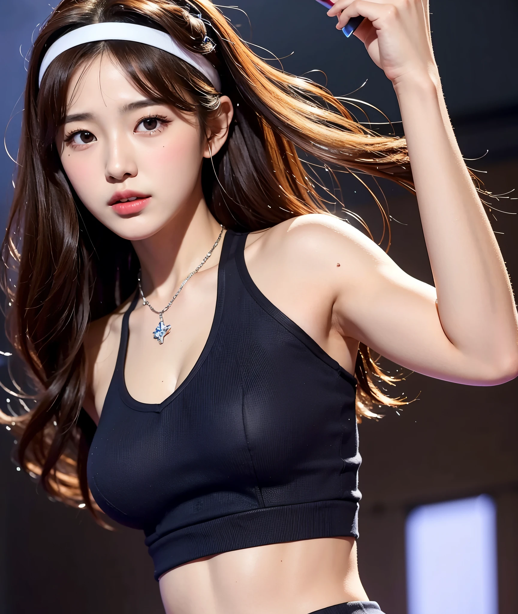 close-up of beautiful Korean age girl, 34 inch breasts size, brown hair, headband, wearing crop top, necklace , holding microphone, on the stage, cinematic scene, UHD