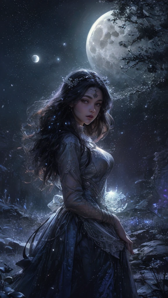 (best quality,4k,8k,highres,masterpiece:1.2),ultra-detailed,(realistic,photorealistic,photo-realistic:1.37),beautiful detailed eyes,beautiful detailed lips,extremely detailed eyes and face,longeyelashes,moonlight,girl,night,full moon,mystery,magic,beautiful girl,starlit night,garden,peaceful,long hair,serene,dreamy,moon gaze,night sky,ethereal,feminine,charming,moonlit scene,mysterious girl,luminous,calm,nighttime,enchanted,soft glow,darkness,moon goddess,lunar beauty,shadows,lunar halo,moon magic,tranquil,fairytale-like,moonlit garden,shadow play,night atmosphere,moonlit landscape,moonlight reflection,dark night