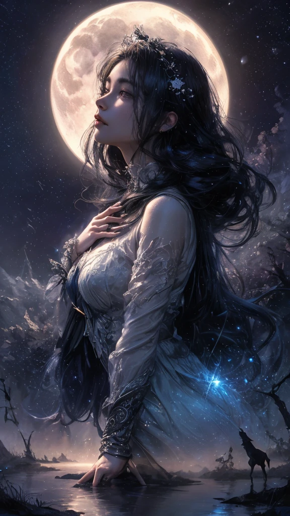 (best quality,4k,8k,highres,masterpiece:1.2),ultra-detailed,(realistic,photorealistic,photo-realistic:1.37),beautiful detailed eyes,beautiful detailed lips,extremely detailed eyes and face,longeyelashes,moonlight,girl,night,full moon,mystery,magic,beautiful girl,starlit night,garden,peaceful,long hair,serene,dreamy,moon gaze,night sky,ethereal,feminine,charming,moonlit scene,mysterious girl,luminous,calm,nighttime,enchanted,soft glow,darkness,moon goddess,lunar beauty,shadows,lunar halo,moon magic,tranquil,fairytale-like,moonlit garden,shadow play,night atmosphere,moonlit landscape,moonlight reflection,dark night