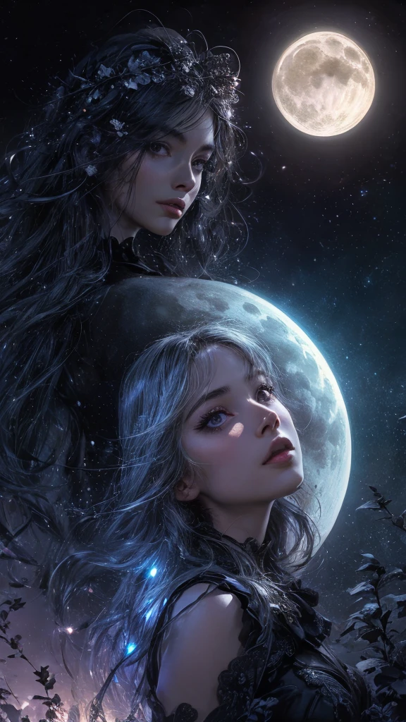 (best quality,4k,8k,highres,masterpiece:1.2),ultra-detailed,(realistic,photorealistic,photo-realistic:1.37),beautiful detailed eyes,beautiful detailed lips,extremely detailed eyes and face,longeyelashes,moonlight,girl,night,full moon,mystery,magic,beautiful girl,starlit night,garden,peaceful,long hair,serene,dreamy,moon gaze,night sky,ethereal,feminine,charming,moonlit scene,mysterious girl,luminous,calm,nighttime,enchanted,soft glow,darkness,moon goddess,lunar beauty,shadows,lunar halo,moon magic,tranquil,fairytale-like,moonlit garden,shadow play,night atmosphere,moonlit landscape,moonlight reflection,dark night
