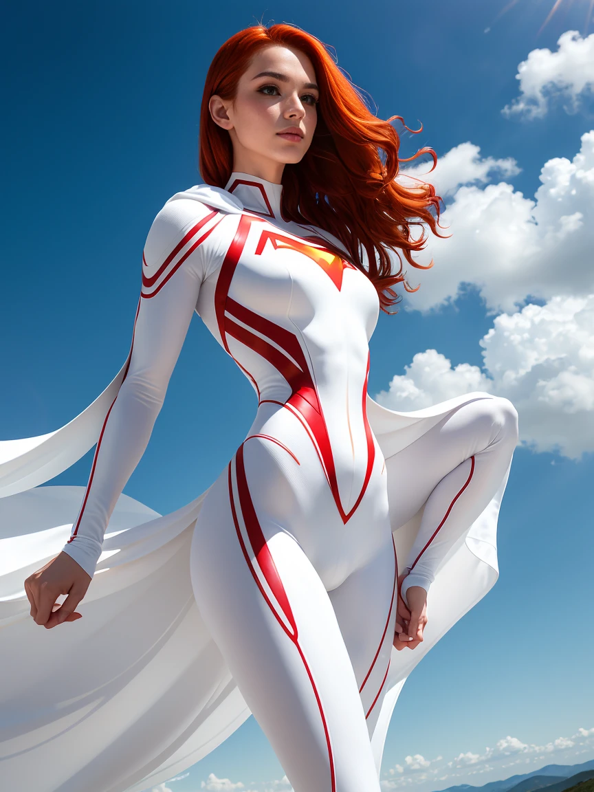 A 25-year-old girl with red hair in an elaborate white long-sleeved Superman costume, covering the entire body, White caplet, White Superman Costume, Suit with white carbon fiber details, Flying in the sky, tight slit, (Posando no display:1.2), (details Intricate:0.9), (hdr, Hyper-detail:1.2), (natural skin textures, hyperrealisti, Spitz), Photos in RAW and 35mm format, directly above.
