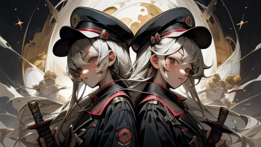 masterpiece,best quality,super detailed,super fine illustration,anime style,The Killer Twins,same face,perfect face,holding_weapon,Contrasting,dynamic scene,moon,Tanabata,military cap,