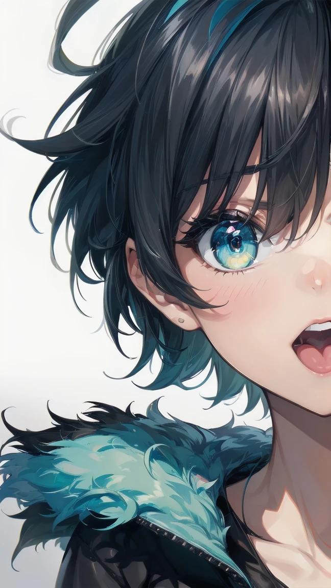 Close-up of a cartoon girl with blue hair and a yellow shirt, 2D Animation, 2D Animation style, 2D Art, 2D Art, 2D from Gorillaz, 2D from Gorillaz, 2D Gorillaz, Screaming Cerket, 2D Sprites, Jinx Face, short hair, Small breasts, hot pants, ((Black Hair, Bright blue fur inside:1.4))