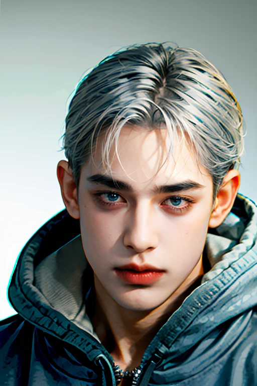 Boy with gray hair, hoodie, skate, dirty hair, (eyes:1.5)