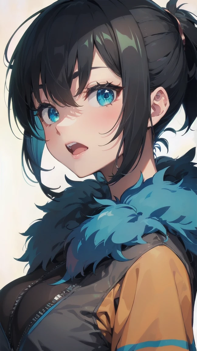 Close-up of a cartoon girl with blue hair and a yellow shirt, 2D Animation, 2D Animation style, 2D Art, 2D Art, 2D from Gorillaz, 2D from Gorillaz, 2D Gorillaz, Screaming Cerket, 2D Sprites, Jinx Face, short hair, Small breasts, hot pants, ((Black Hair, Bright blue fur inside:1.4))