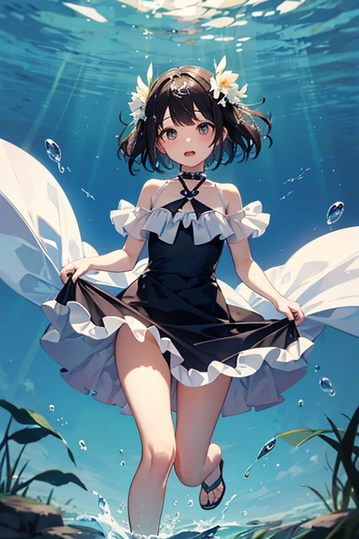 Highest quality、Black Hair、Iris、short hair、girl、cute、、、Small hair ornament、1 person、White one piece dress、In the water、In the water、dive、The skirt flips up due to buoyancy、The dress is lifted by buoyancy、