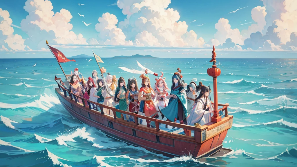 Please help me generate an illustration about the Eight Immortals crossing the sea and showing their magical powers