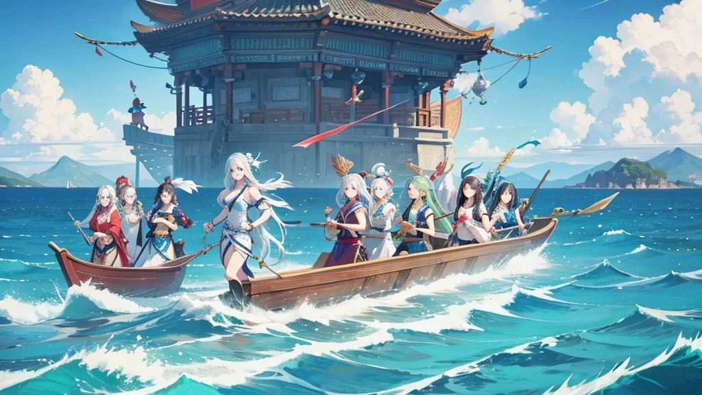 Please help me generate an illustration about the Eight Immortals crossing the sea and showing their magical powers