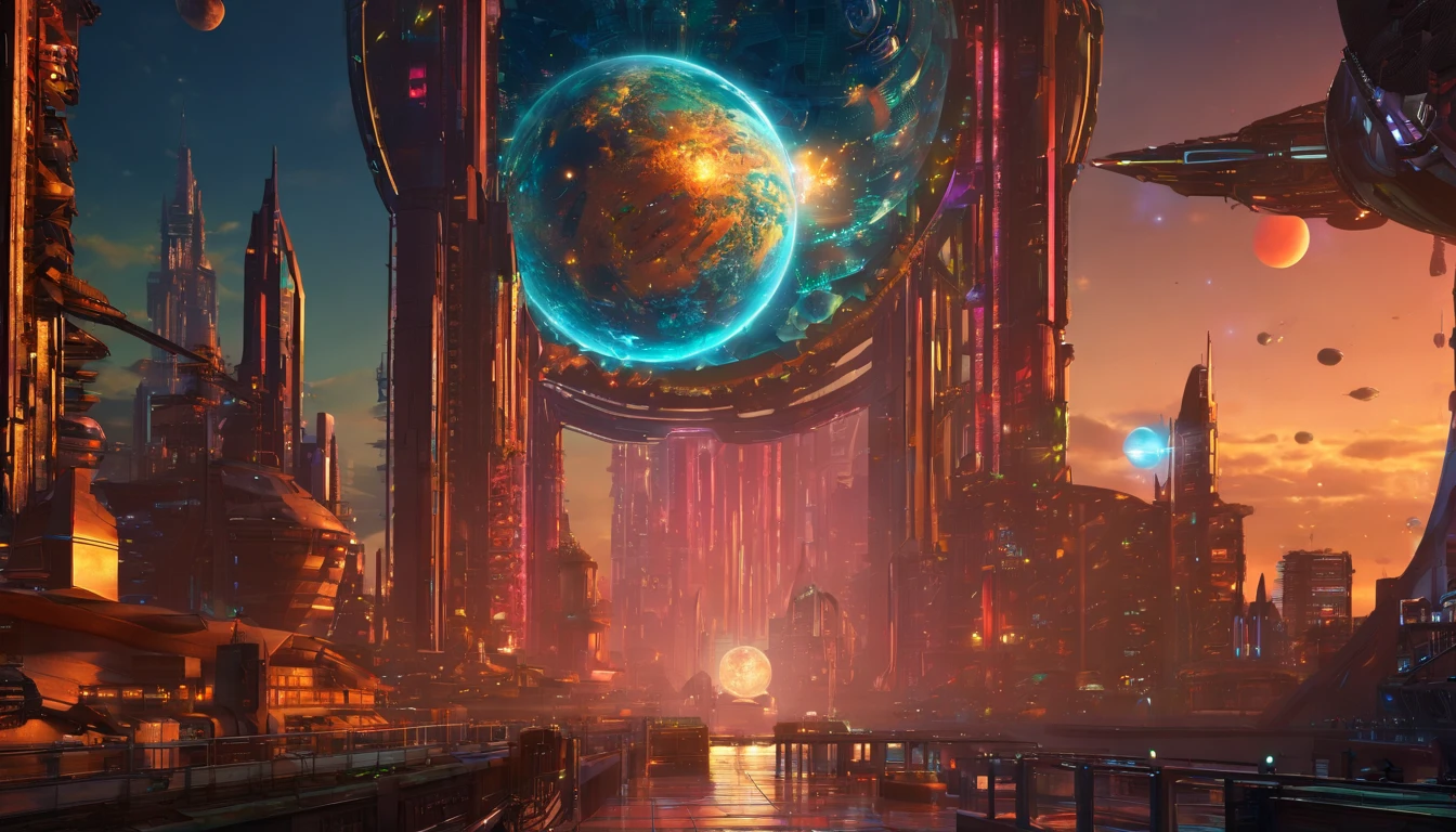 The station is a colossal factory shipyard with a blend of dark beach orange and metallic accents, creating a stunning contrast against the blackness of space. The overall ambiance of the scene is cinematic and realistic, immersing the viewer in a breath, 3d render, cinematic. vibrant glass, crystal vibrant, vibrant diamond.Medieval🏯 metallic gold & dark green matte Gothic castle 🏰750,750,000 sq miles hybrid planet, with cherry red sky blue matte, melds into a Saturn-size-Earth hybrid 🌎🌌, Larry Niven & James Cameron styles.The space station🛰️ like Babylon 5, but in the shape of Deep Space 9. The space station has 6 O'Neal Class space stations off in 5 different equilateral directions, & 1 down the middle. It has its own ecosystem, generates its own power, & is located in a binary star system. There are hundreds of starships going to & fro, from the 🛰️station, at any hour of the day. The station is in the focus of the scene. There are many stars, a nebula, and a comet, in the background. (((Use the following styles:protovision,3d render, architecture,vibrant glass, diamond, vibrant crystal, Robert Louis Stevenson, Ridley Scott, & J. Michael Straczynski))). (((1 million HD Resolution, isometric art, insane symmetrical details))).,