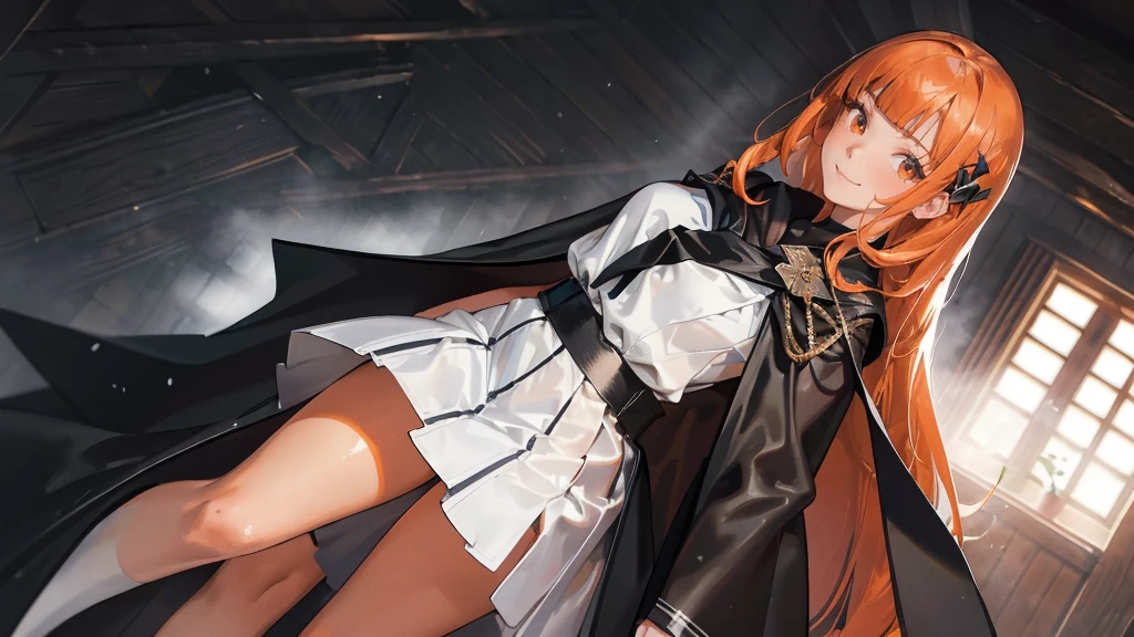 (girl), masterpiece, ultra detailed, 8K Portrait, Raw photo, woman's portrait photography, full body, Highly detailed face, mischievous childish smile, blush, ((Fantasy)), ((young)), 17 years old, 160cm, (((student))), ((tanned skin)), (((dark orange colored long straight hair))), (((blunt bangs))), hair ornament, (((black silk long cloak))) Fluttering in the wind, (high school dark white uniform:1.5), Plaid short skirt, Midday sun, Hyper realistic, Slender body, by the snowy castle, Ambient lighting, Shadow details, Camera focus on face, strong breeze, Light fog, from side,