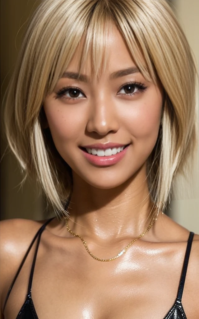 gyaru, dark-skinned, (shiny oiled skin:1.1), blond hair, short cut hair, face close up, smiling