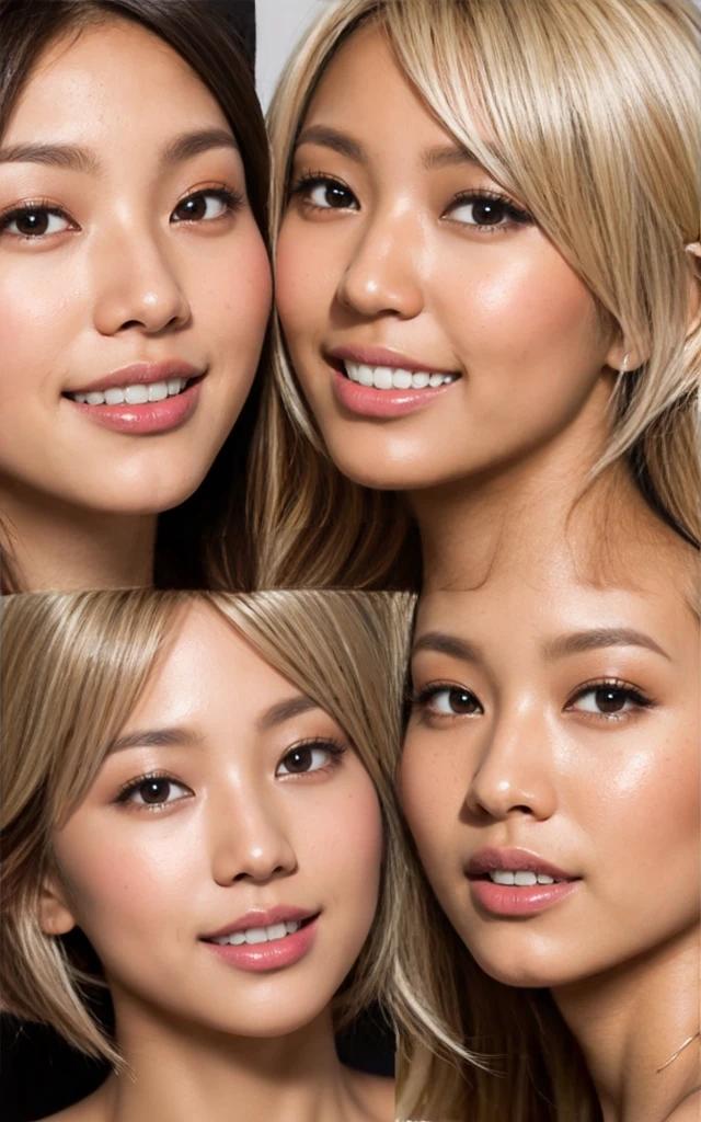 gyaru, dark-skinned, (shiny oiled skin:1.1), blond hair, short cut hair, face close up, smiling