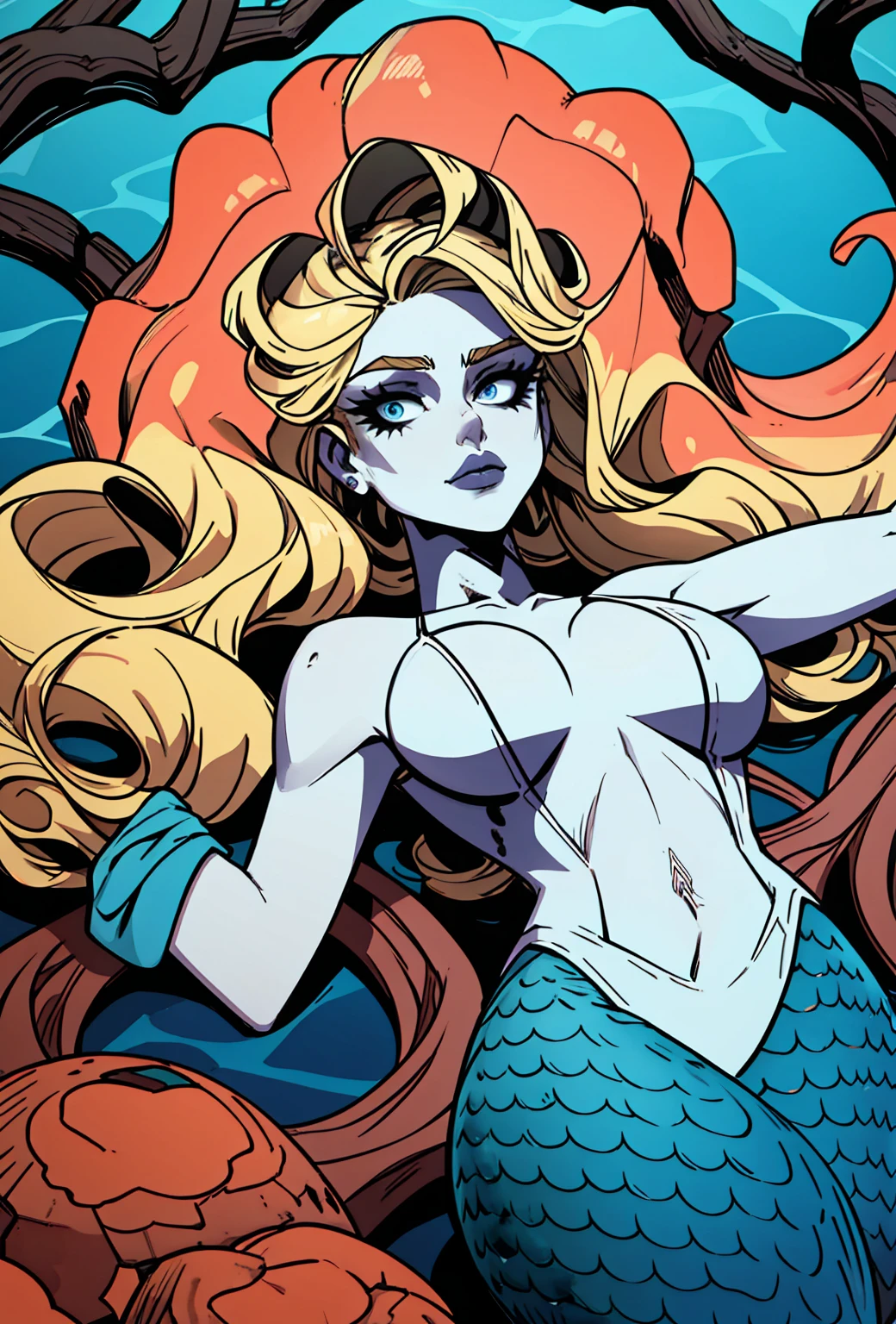 {-erro_de_anatomia:1.0} woman 30 years old, underwater, skeleton, corpse,Under the sea, where coral tendrils and vines abound, a woman (mermaid), long blond hair (blond hair) looks at you amidst a pile of bones and skulls. Indifferent look , merciless. Lying among the skulls.
