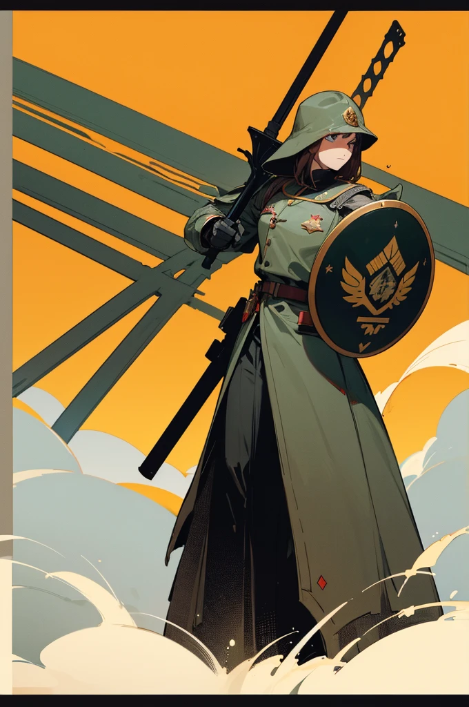 Based on your description, here is an idea for a shield that represents the front line of the army, incluindo soldiers e tanks:
### Shield Description
**format:**
- A traditional shield with a classic shape with a rounded tip at the bottom.
**background color:**
- **yellow** - Symbolizes courage, loyalty and vigilance.
**Shield Elements:**
1. **Silhouette of Soldiers on the Front Line:**
- In the upper half of the shield, há a silhueta de soldiers de infantaria em posição de combate. They are in a line, representing unity and collective strength.
- Details like helmets, rifles and combat stance to highlight your readiness.
2. **Tanks in Action:**
- In the lower half of the shield, há a imagem de tanks avançando. They are shown in side profile, with details of the tracks and cannons pointing forward.
- A presença dos tanks simboliza a força e a mobilidade da linha de frente contra veículos blindados inimigos.
3. **dividing line:**
- A thicker horizontal line, black or red in color, divides the upper half (soldiers) of the lower half (tanks), representing coordination between infantry and armor.
4. **Additional Detail:**
- On both sides of the shield, there are laurel branches in green, symbolizing victory and honor.
- At the top of the shield, a star in red, representing leadership and strategic guidance.
**texto:**
- At the base of the shield, on a black band with gold letters, is written "COMBAT FRONT", representing the front line of the army.
### visualization (Describing the image)
- Imagine a vibrant yellow background as the main color.
- A metade superior do escudo mostra soldiers em silhueta preta, detailed to show rifles and helmets.
- A metade inferior apresenta tanks também em silhueta preta, with visible details of the tracks and cannons.
- The horizontal dividing line is clearly visible, highlighting the separation and cooperation between the elements