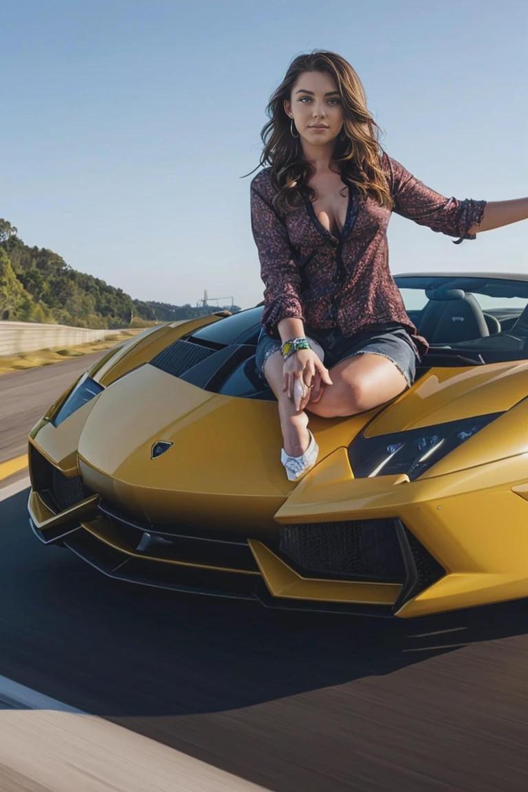 Realistic ,Beautiful Young woman, driving Lamborghini on highway located on coastal plain