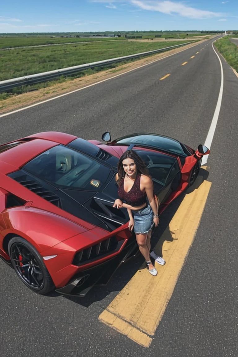 Realistic ,Beautiful Young woman, driving Lamborghini on highway located on coastal plain 